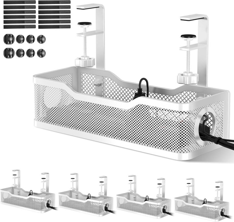 Cinati 4 Pack Under Desk Cable Management Box White, 53.6" Wire Organizers No Drill, Cord Organization Tray with Clamp for Office, Home - No Damage to Desk - Image 1